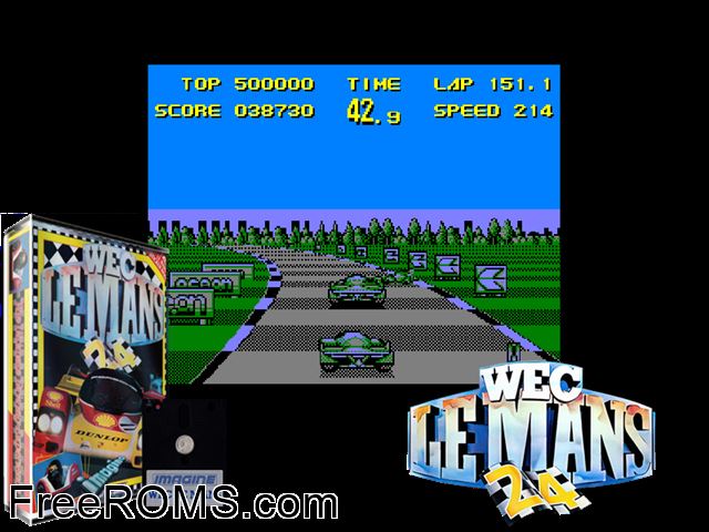 WEC le Mans (UK) (1988) [h1] Amstrad CPC game showing 3D box cover and gameplay screenshot